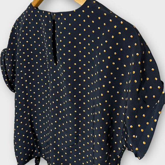 MNG Basics Women's Navy Polka Dot Cuffed Short Sleeve Tie Front Blouse Top Sz 4 - Picture 9 of 15